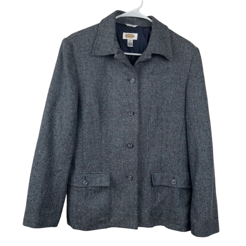 Talbots blue houndstooth Italian fabric wool silk blend coat size 12 but…